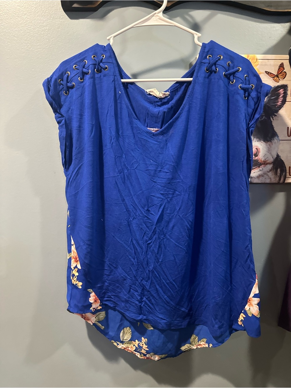 Blue Lace-Up Shoulder Floral Hem Women’s Top